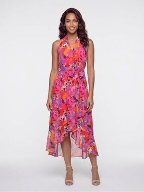 NWT Julia Jordan size 14 floral faux wrap halter dress with self belt